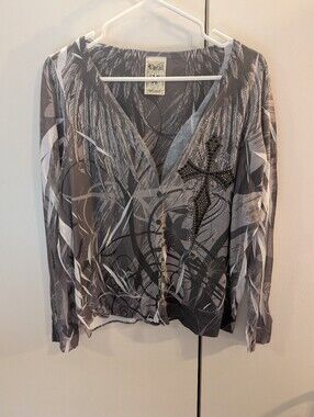 Vocal Womans XL Gray and White Embellished Button-Front Goth Cardigan